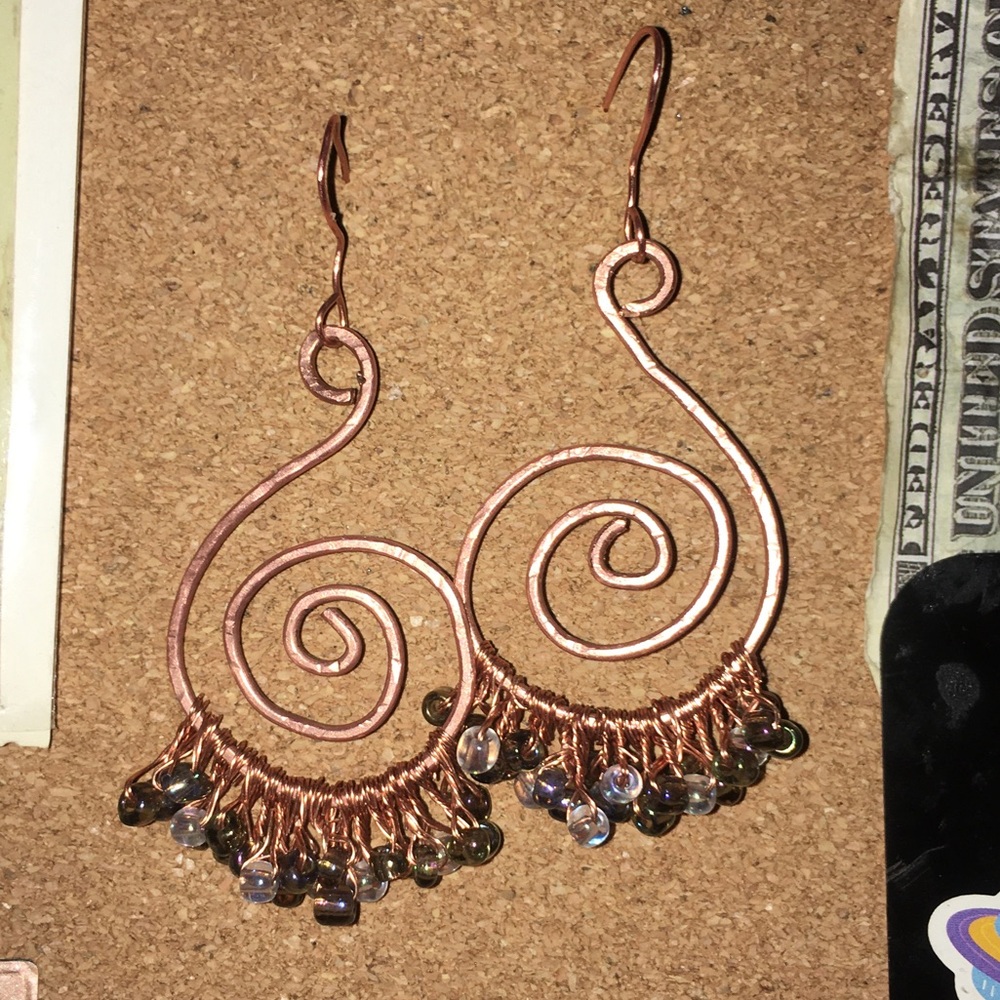 BOGO 50% OFF! Swirled Copper Dangly Beaded Earrings. Handmade - Picture 2 of 10